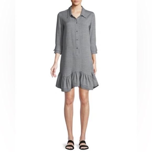 HALSTON HERITAGE Flounced Front-Button Heather Gray Cotton Wool Shirt Dress Sz 4 - Picture 1 of 11